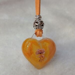Handmade Yellow Heart Glass Pendant Necklace - Floral Accent